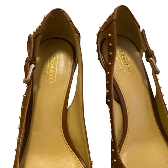 Coach (Style Q1293) Billee Golden Studded Peep Toe 4" Heels Size 9B in Brown - Picture 14 of 15